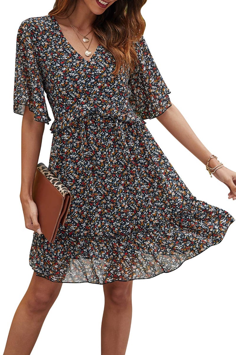 Manydress Women's Summer Floral Print V Neck Casual Mini Boho Ruffle Swing Dress MY068 (Black Print, S) - Image 1